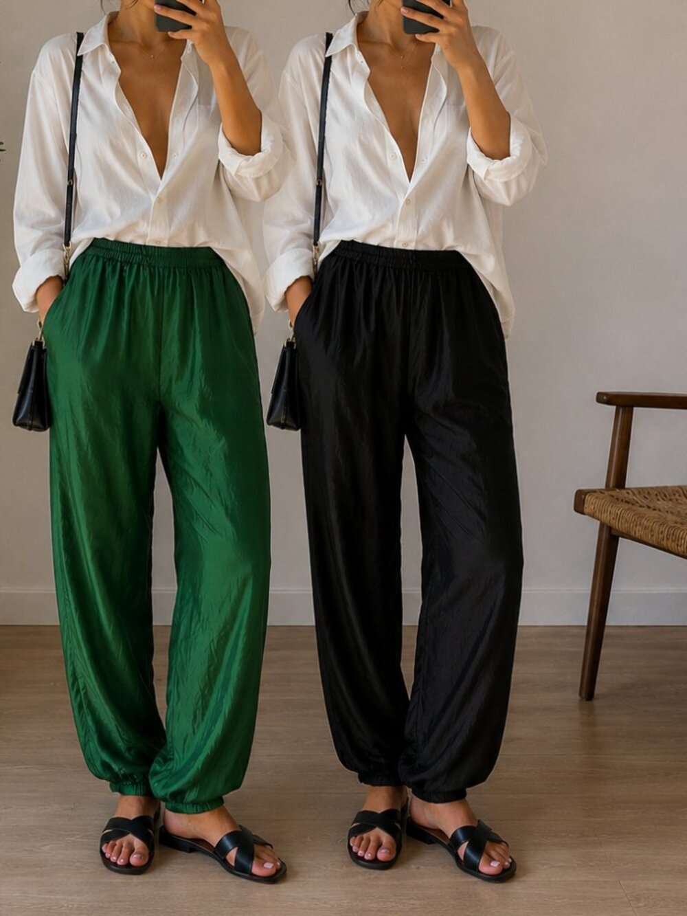 Vintage 100% Silk Lounge Pants Bundle Green & Black Casanova Italy Lined Size L